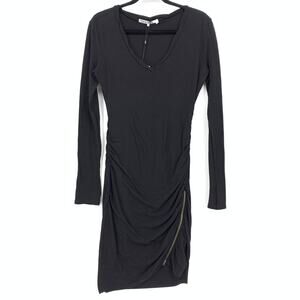 Pam & Gela V-Neck Dress Long Sleeve Womens Size Medium Black Ruched Zip Front